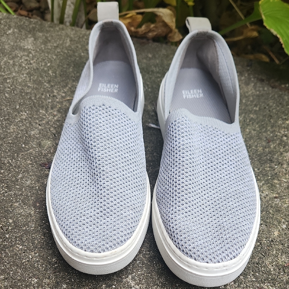 Eileen Fisher Soft Gray Blue Knit Slip-On Shoes Sneakers Sz 10